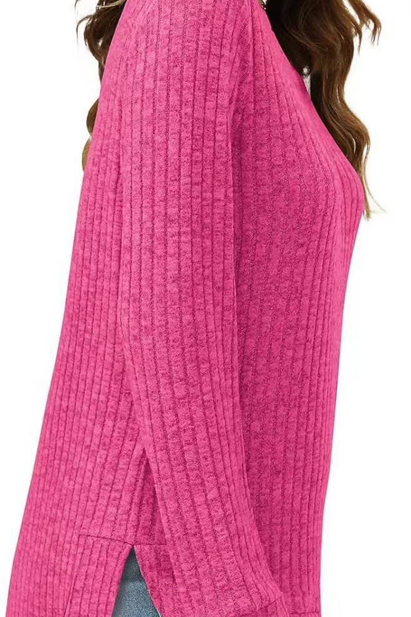 CWTBLL2383_ROUND NECK LONG SLEEVE SLIT SWALLOWTAIL TOP