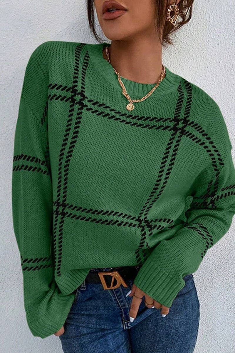 CWOSWL07350_PLAID COLORBLOCK CREWNECK KNIT SWEATER