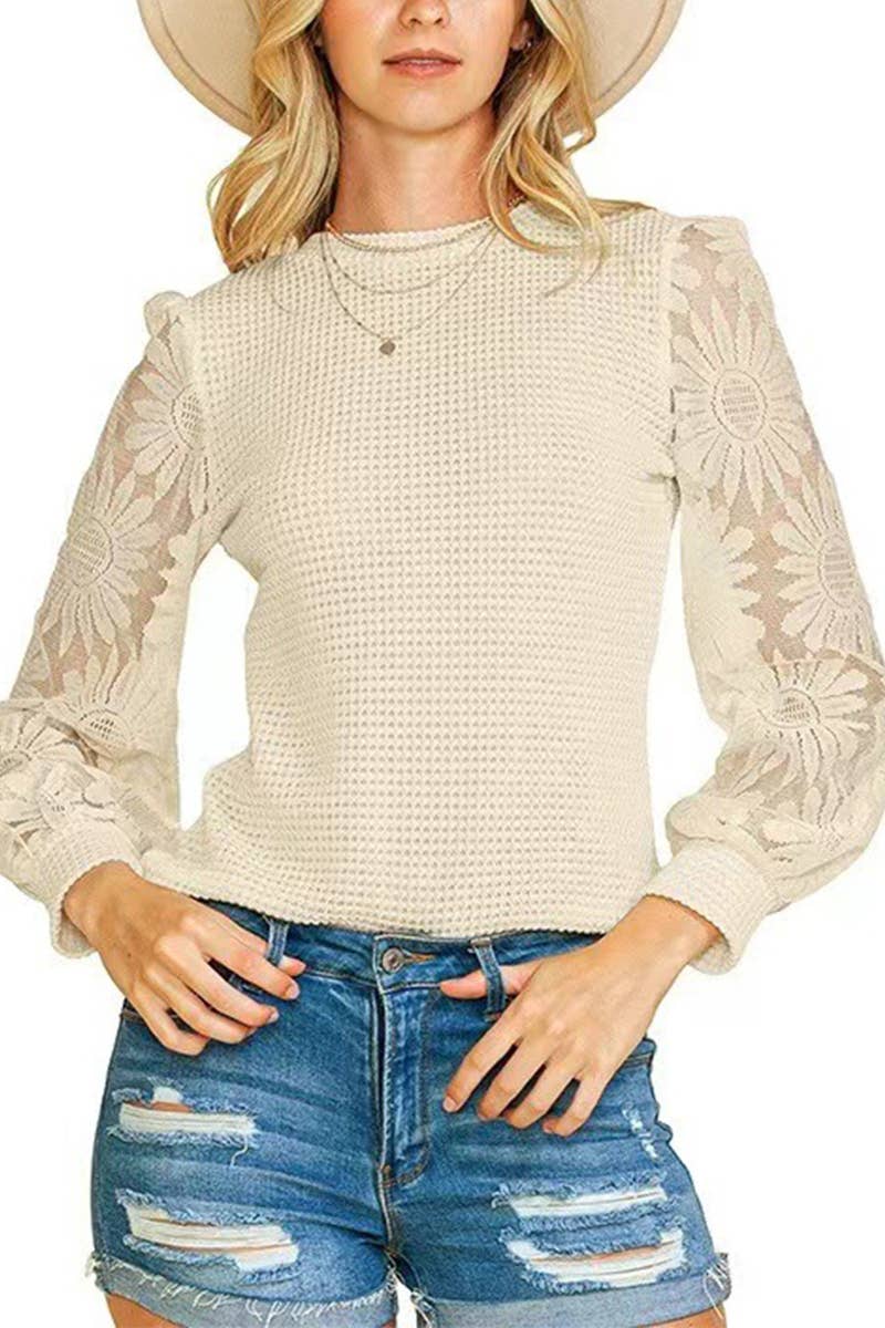 CWTTL2029_AUTUMN FASHION PINEAPPLE LACE SLEEVE PULLOVER