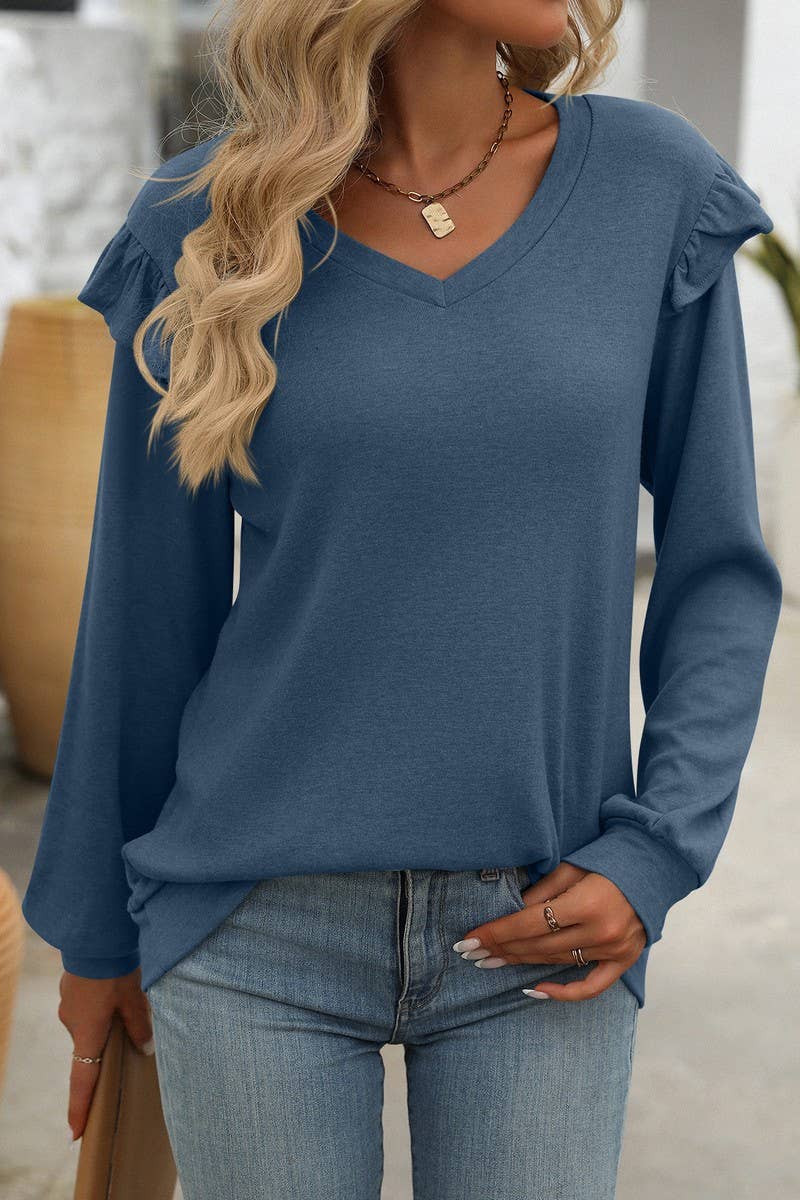 CWTBLL1816_LOOSE FLYING SLEEVES V-NECK LONG-SLEEVED T-SHIRT