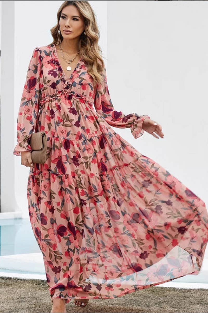 CWDMD01220_V NECK PRINTED LONG ELEGANT EVENING DRESS