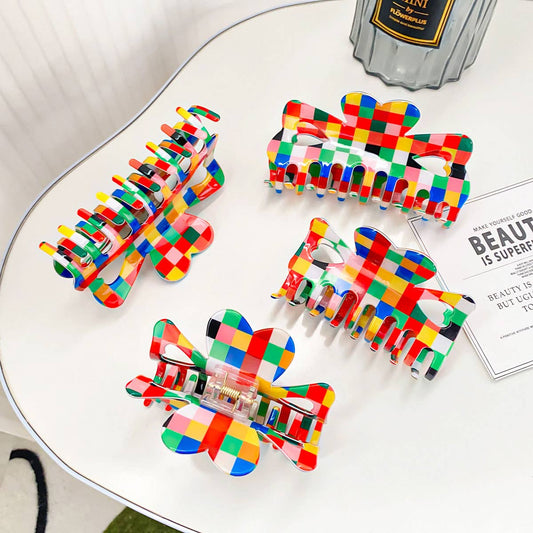 Retro Style Large Hair Claw, Color Check Print_CWAHA0402