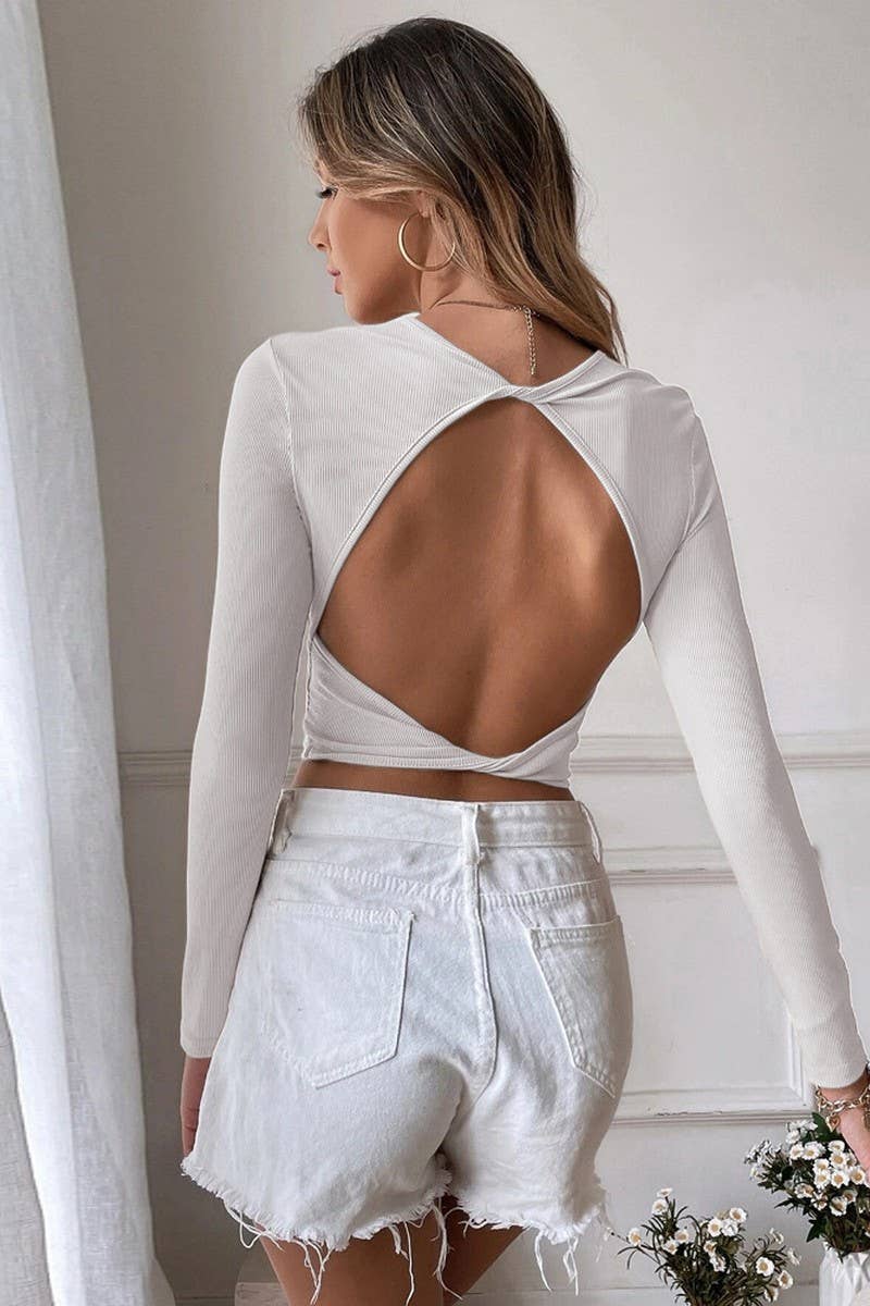 CWTBLL2703_CROPPED SLIM FIT KNIT T-SHIRT TOP WITH OPEN BACK