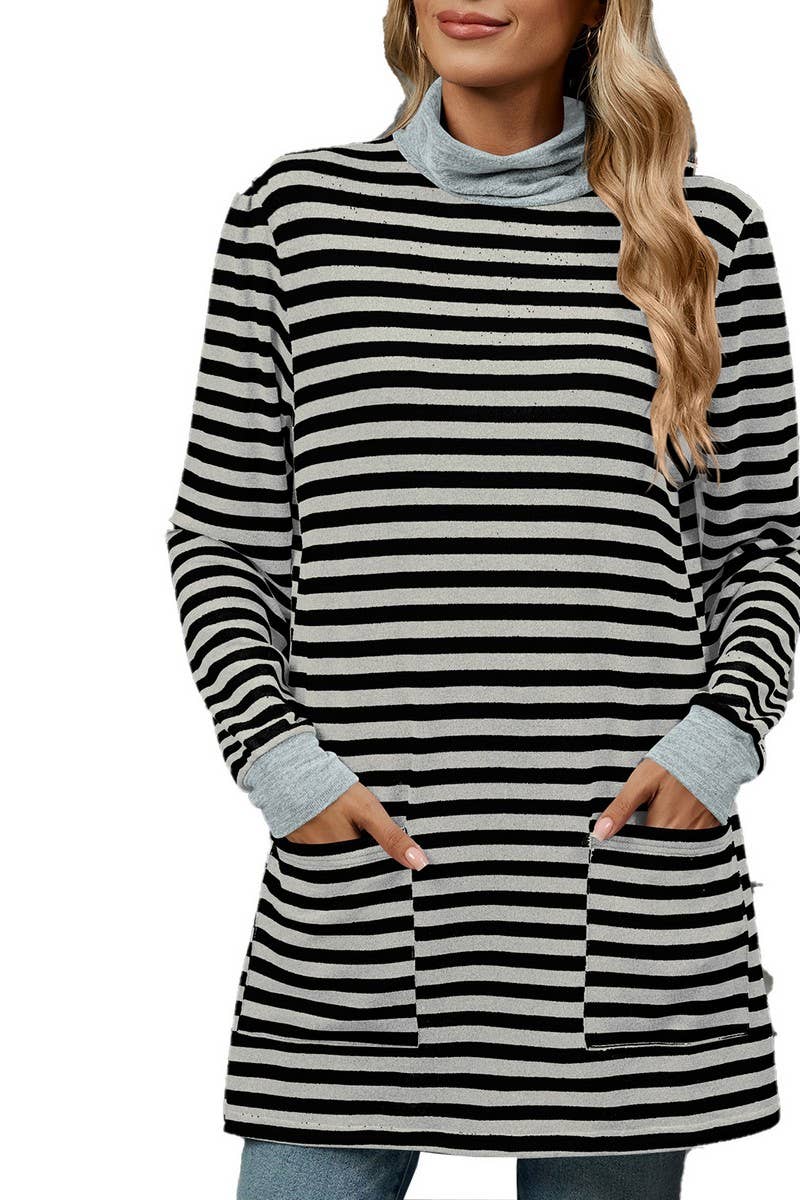 CWTBLL2357_HALF TURTLENECK STRIPED KNITTED LONG SLEEVE TOP