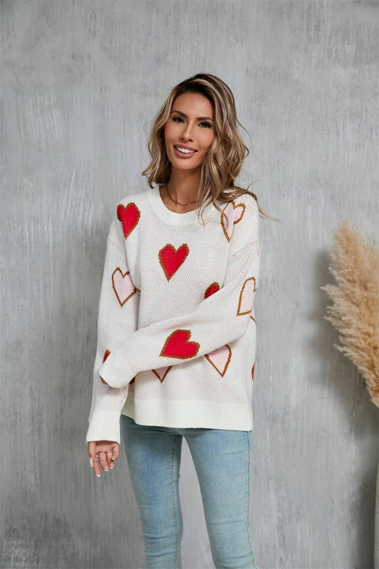 CWOSWL5782_CONTRAST VALENTINE'S DAY HEART PEACH SWEATER