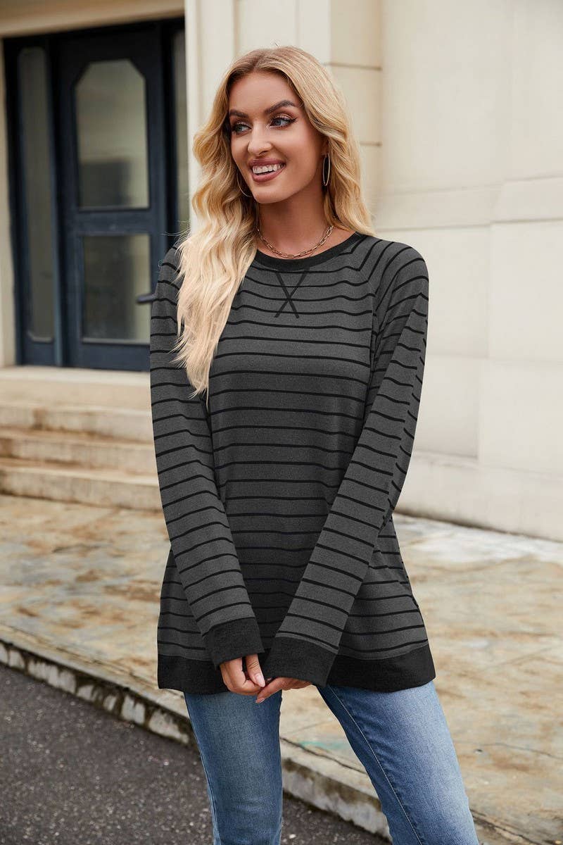 CWTBLL3663_STRIPED PATCHWORK ROUND NECK LONG SLEEVED T-SHIRT