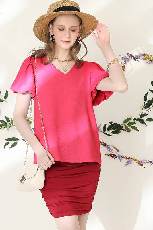 CWTBLS202_V NECK PUFF SHORT SLEEVE BLOUS FORMAL TUNIC TOP