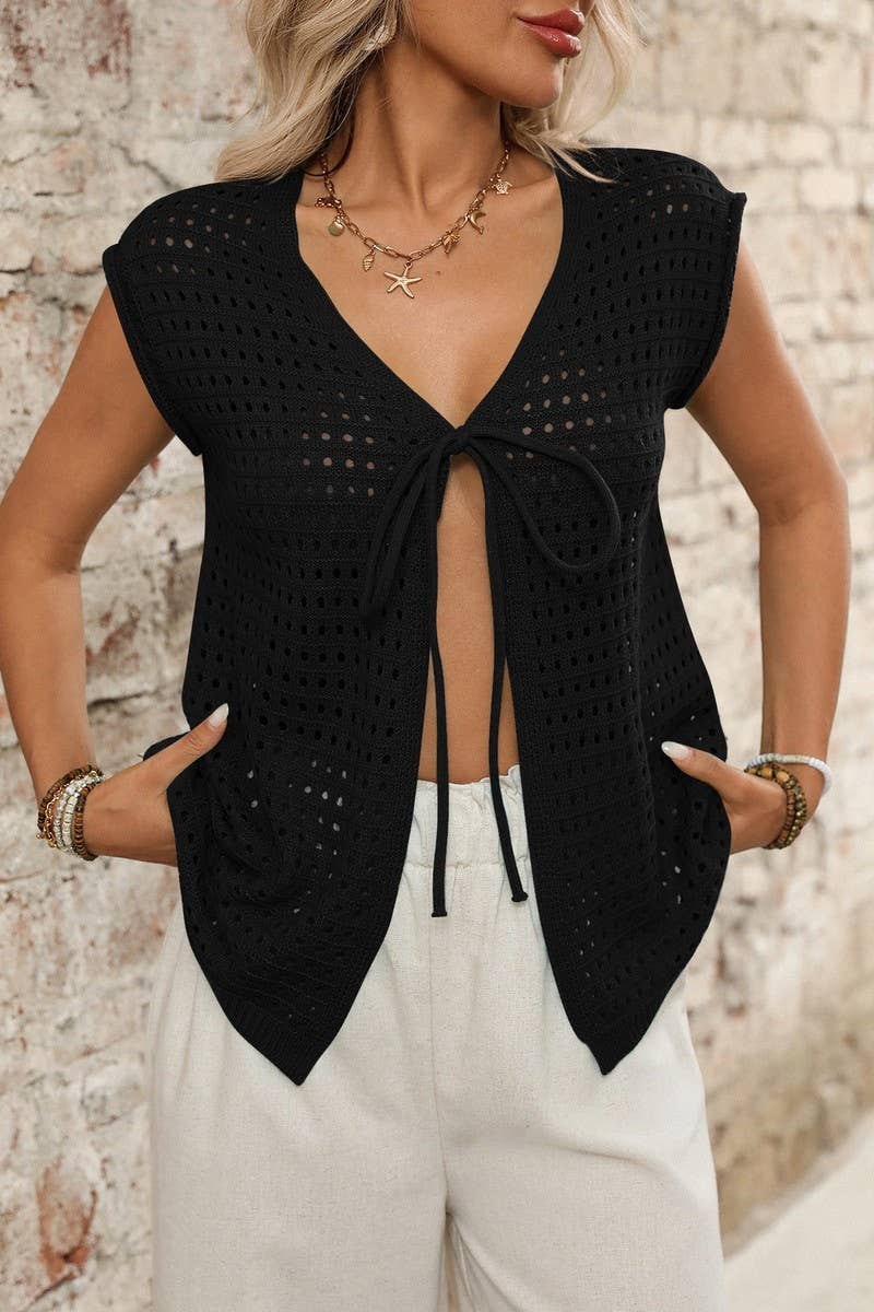 CWTTS1369_BOHEMIAN HOLLOW KNIT CARDIGAN LACE-UP BLOUSE