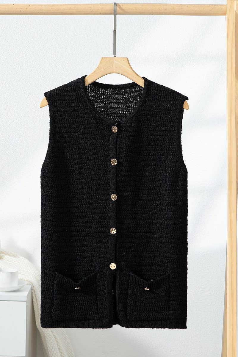 CWOV0792_SOLID COLOR CREW NECK POCKET KNIT VEST