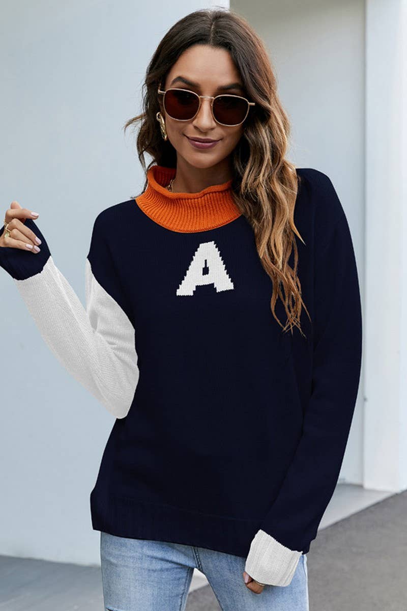 CWOSWL2707_HALF TURTLENECK LETTER JACQUARD LOOSE KNIT SWEATE