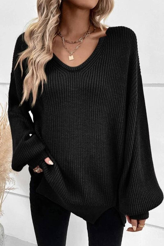 CWTBLL3567_FASHIONABLE V-NECK LOOSE LONG-SLEEVED SWEATER