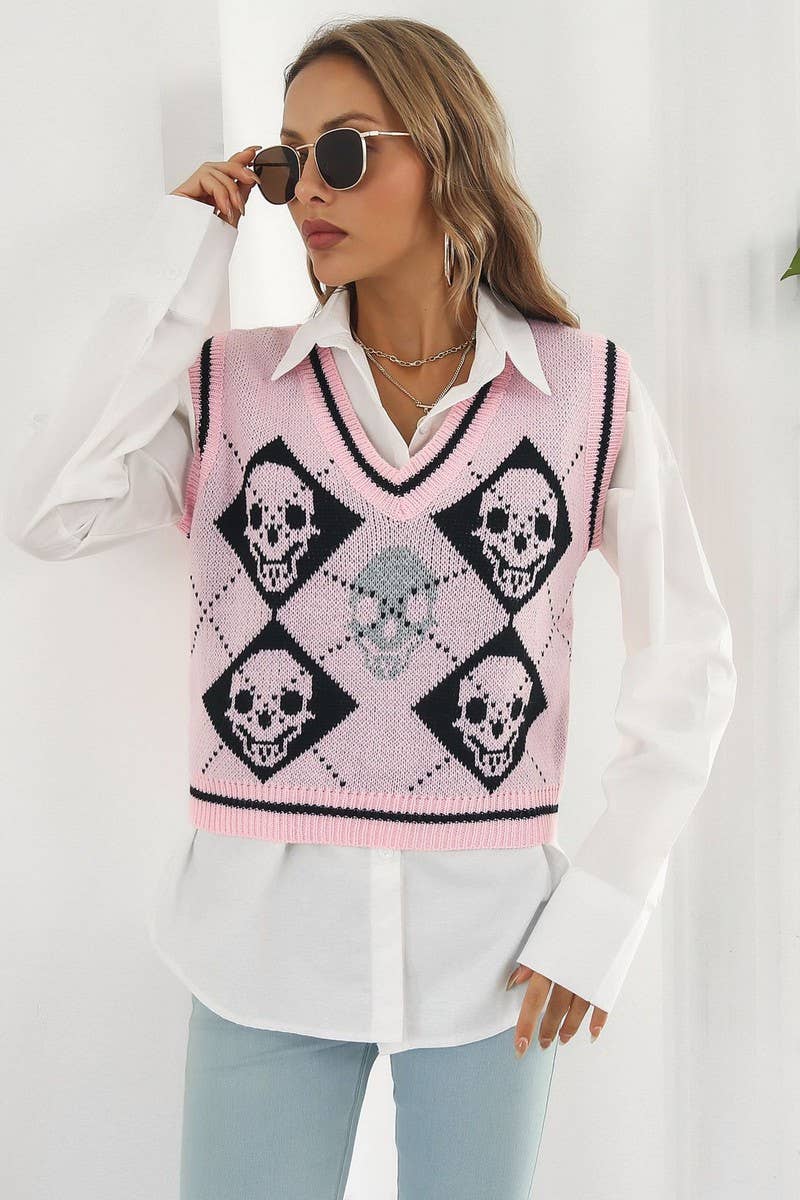 CWOV0484_HALLOWEEN SKULL JACQUARD KNIT SWEATER VEST
