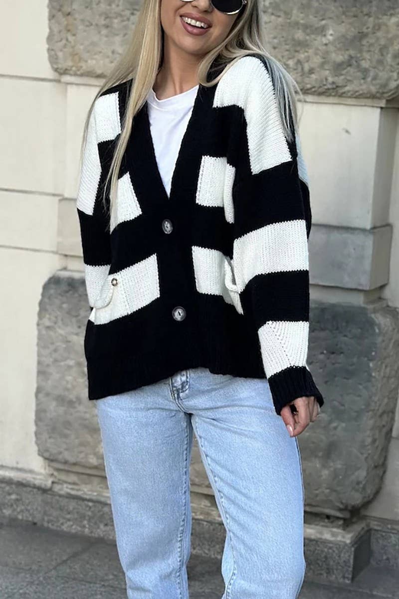 Color contrast striped loose sweater cardigan