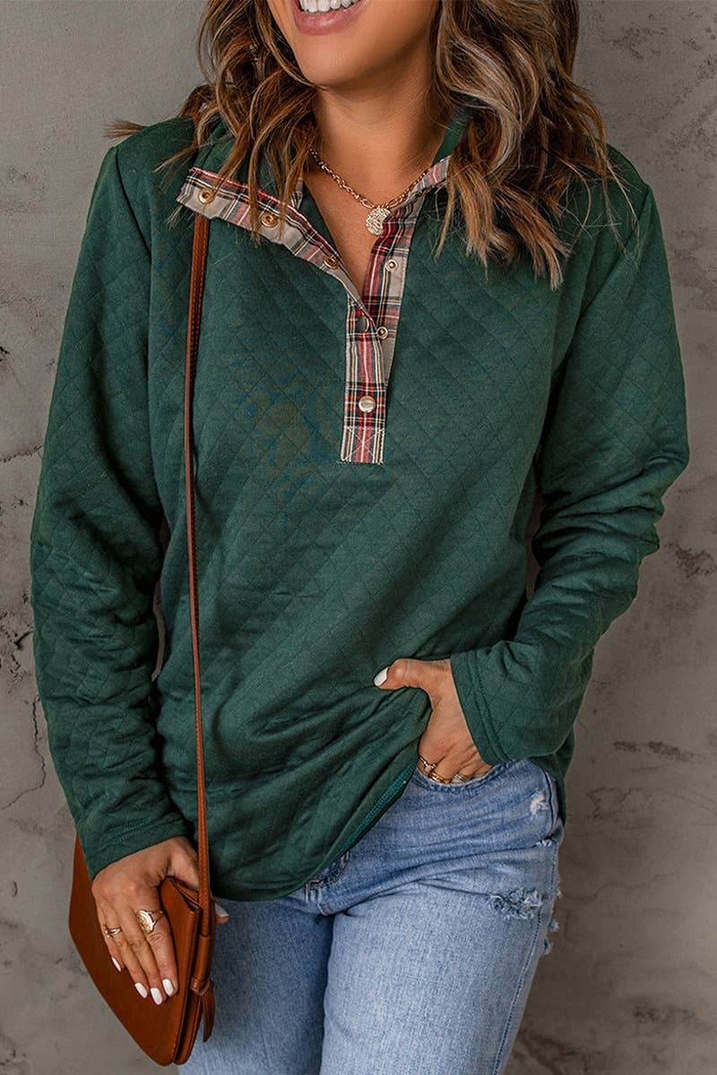 CWTBLL1310_AUTUMN LONG SLEEVE PLAID COLLAR PATCHWORK TOP