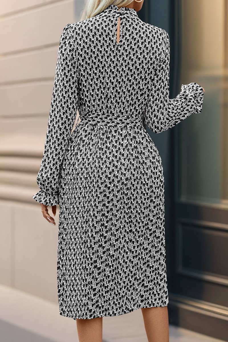 CWDMD4061_CREW-NECK PRINT LACE-UP LONG-SLEEVED DRESS