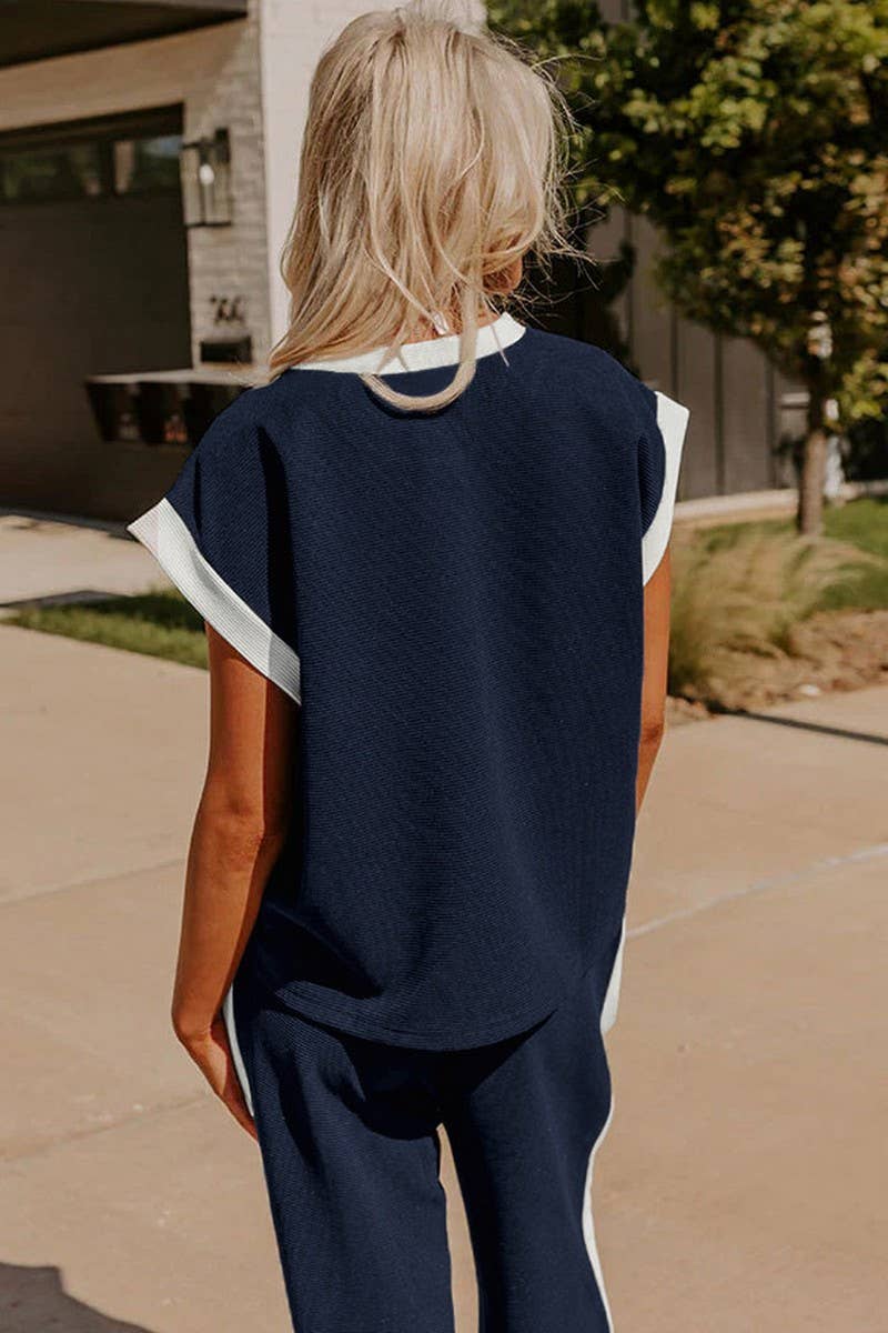 CWSTB1672_CONTRAST COLOR CREW NECK STRAIGHT PANTS SUIT