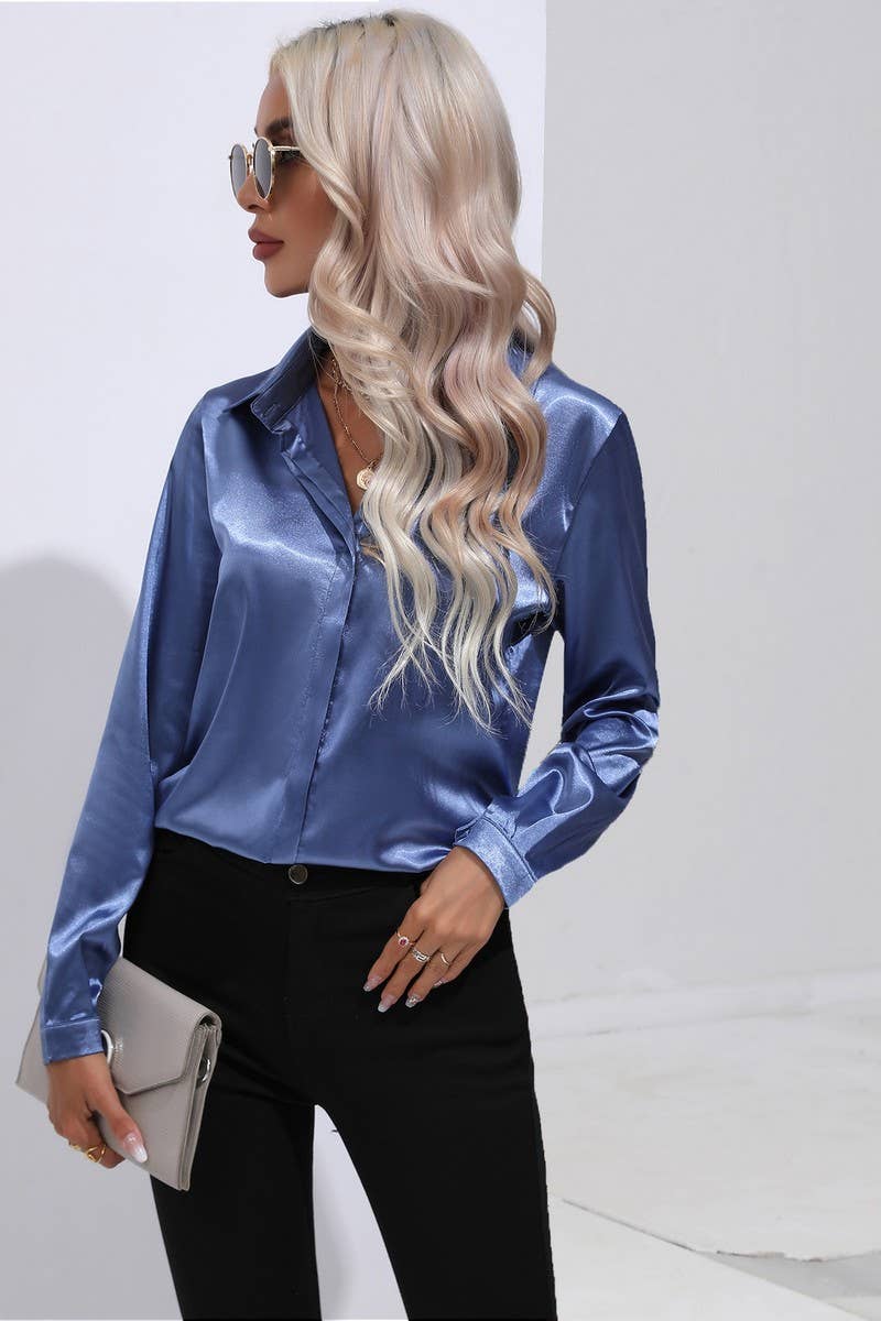 CWTBLL0692_Button Down Silky Satin Long Sleeve Top