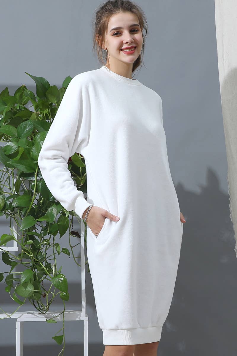 CWDMD793_R NECK FLEECE PULLOVER DRESS WITH SIDE POCKETS