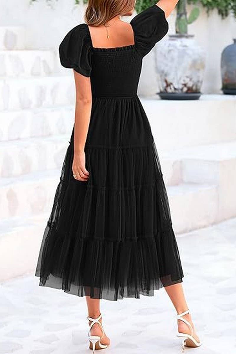 CWDMD6369_SQUARE NECK PLEATED MESH PANELED FLUFFY DRESS