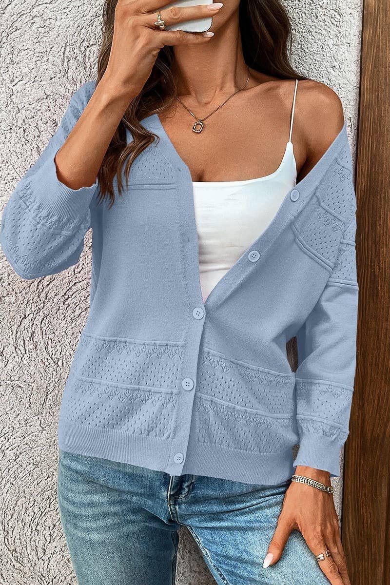 CWOCAL2303_THREE-QUARTER SLEEVE HOLLOW KNIT V-NECK CARDIGAN