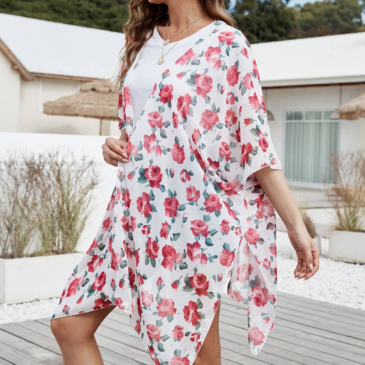 FLORAL PRINT FRONT OPEN KIMONO FOR SUMMER VACATION