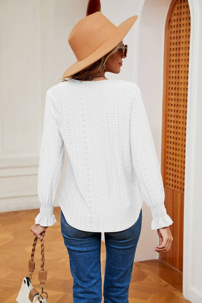 CWTBLL2389_V-NECK LACE STITCHING LONG-SLEEVED PULLOVER