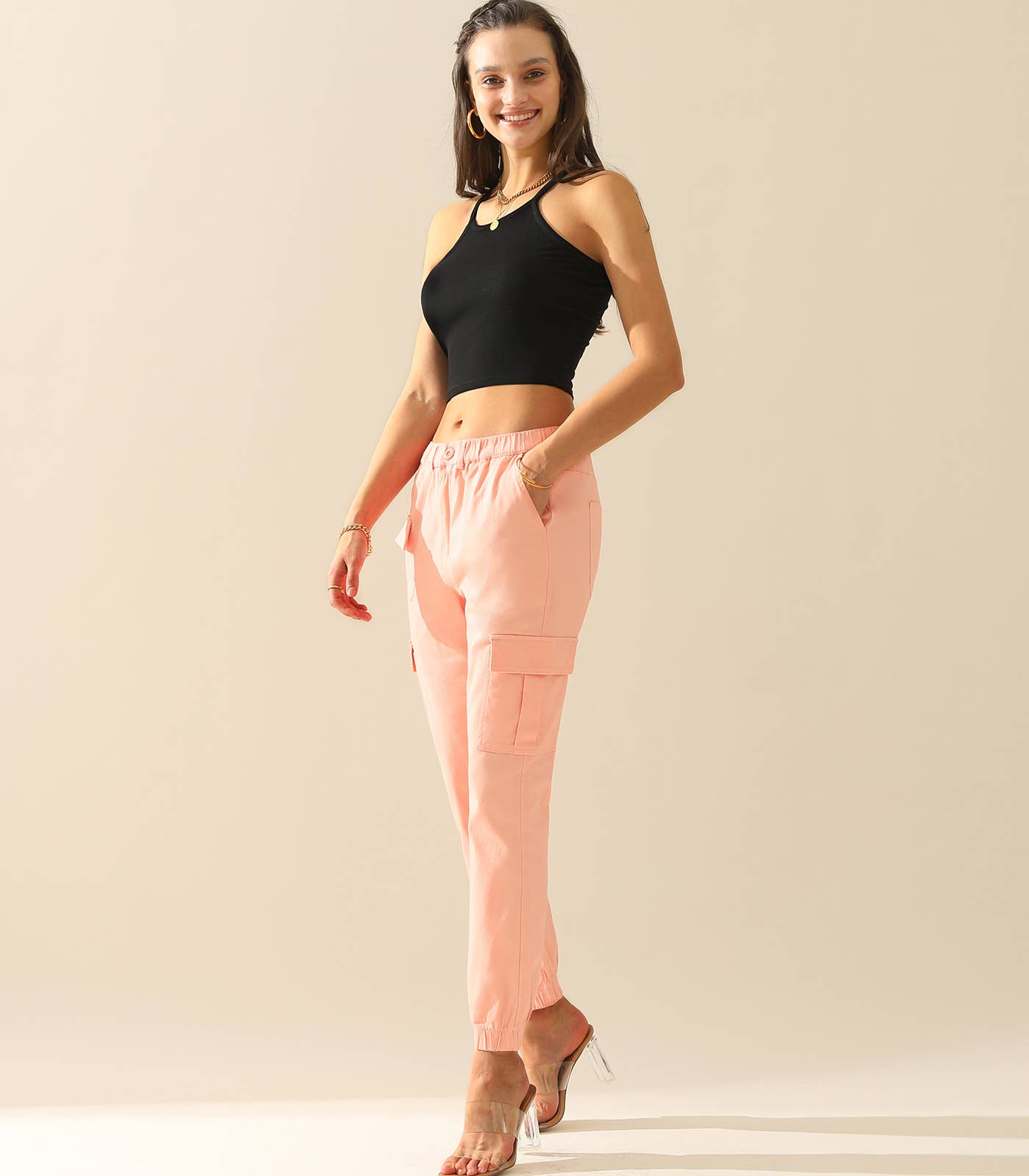 CWBLP400_Elastic Waist Cargo Pants Cotton Cargo Work Pants