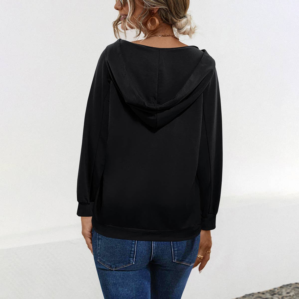 CORNS LACE-UP SOLID COLOR HOODED CASUAL HOODIE