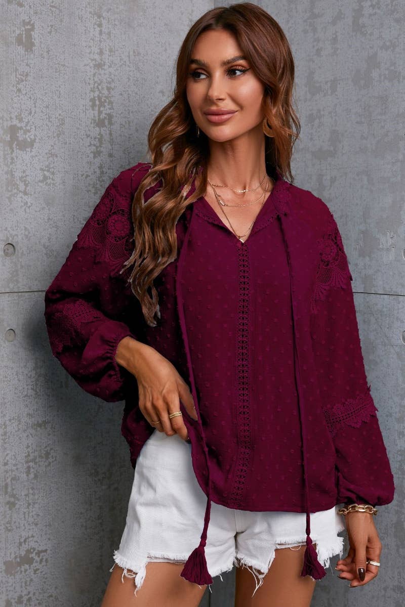 CWTBLL0831_CHIFFON HALF-NECK LACE PATCHWORK LONG-SLEEVED TOP