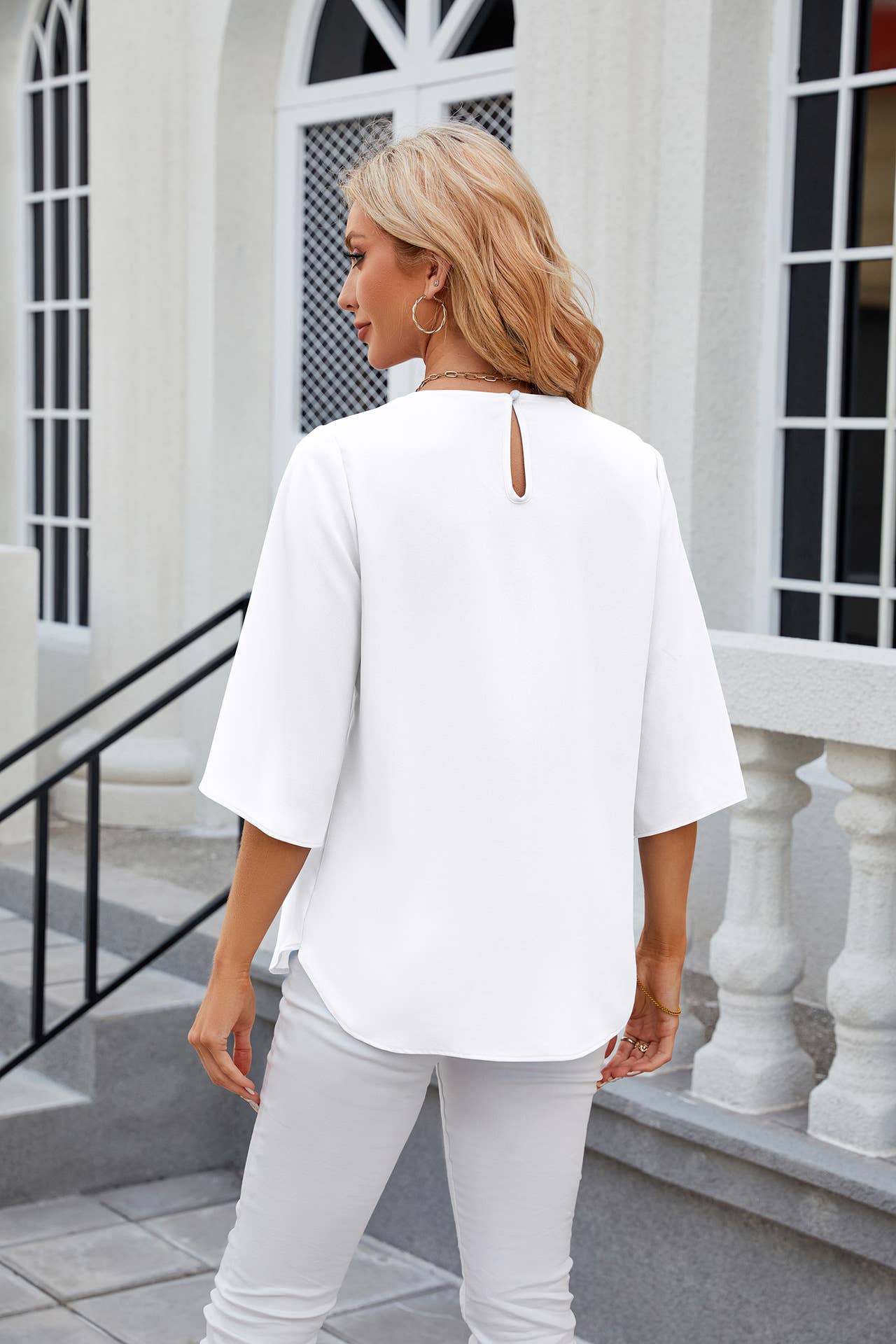 Crew-neck loose chiffon with five-quarter sleeves