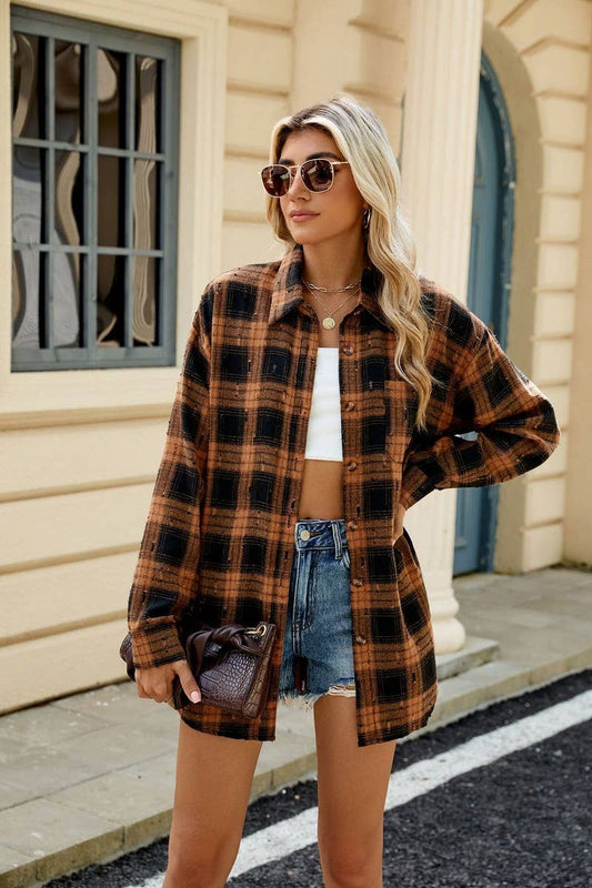 CWTSTL2063_CROCHET LONG-SLEEVED LOOSE LAPEL PLAID SHIRT