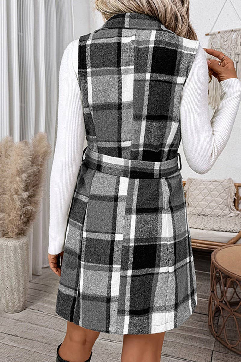CWOV0570_PLAID TIE WAIST SUIT COLLAR SLEEVELESS LONG VEST