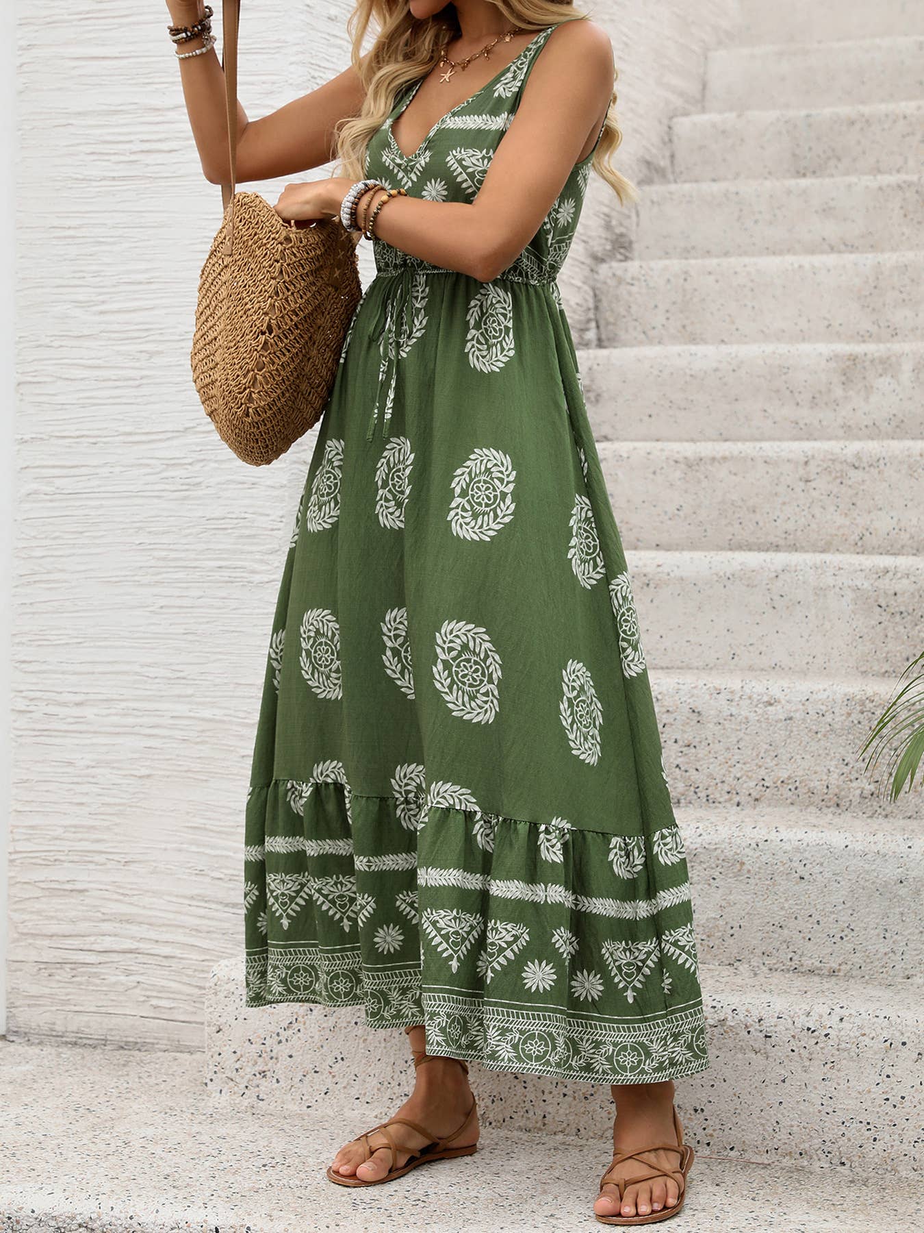 Boho V-neck high waist vacation print dress