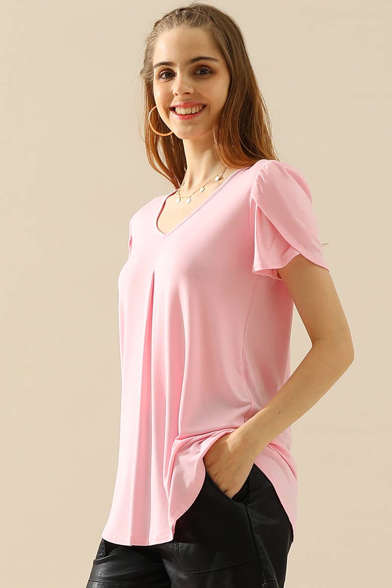 CWTTS643_SOLID V NECK SHORT TULIP SLEEVE TUNIC TOPS