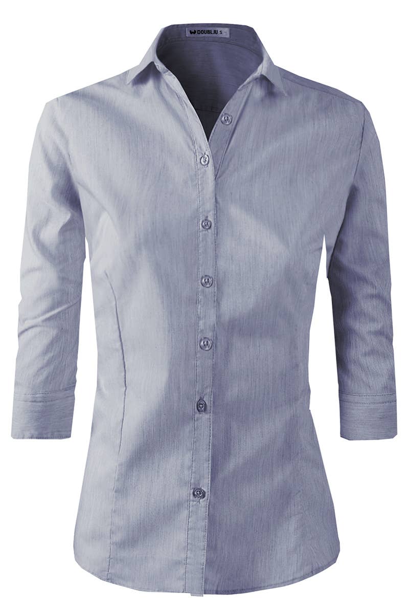 CWTSTS116_Basic Slim Fit Simple 3/4 Sleeve Button Down Shirt