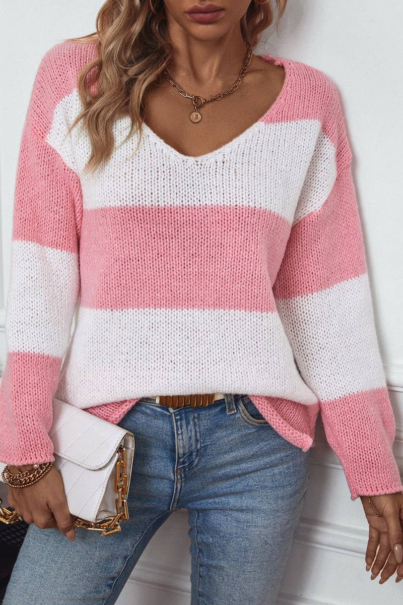 CWOSWL2930_STRIPED V-NECK OFF-THE-SHOULDER KNITTED SWEATER