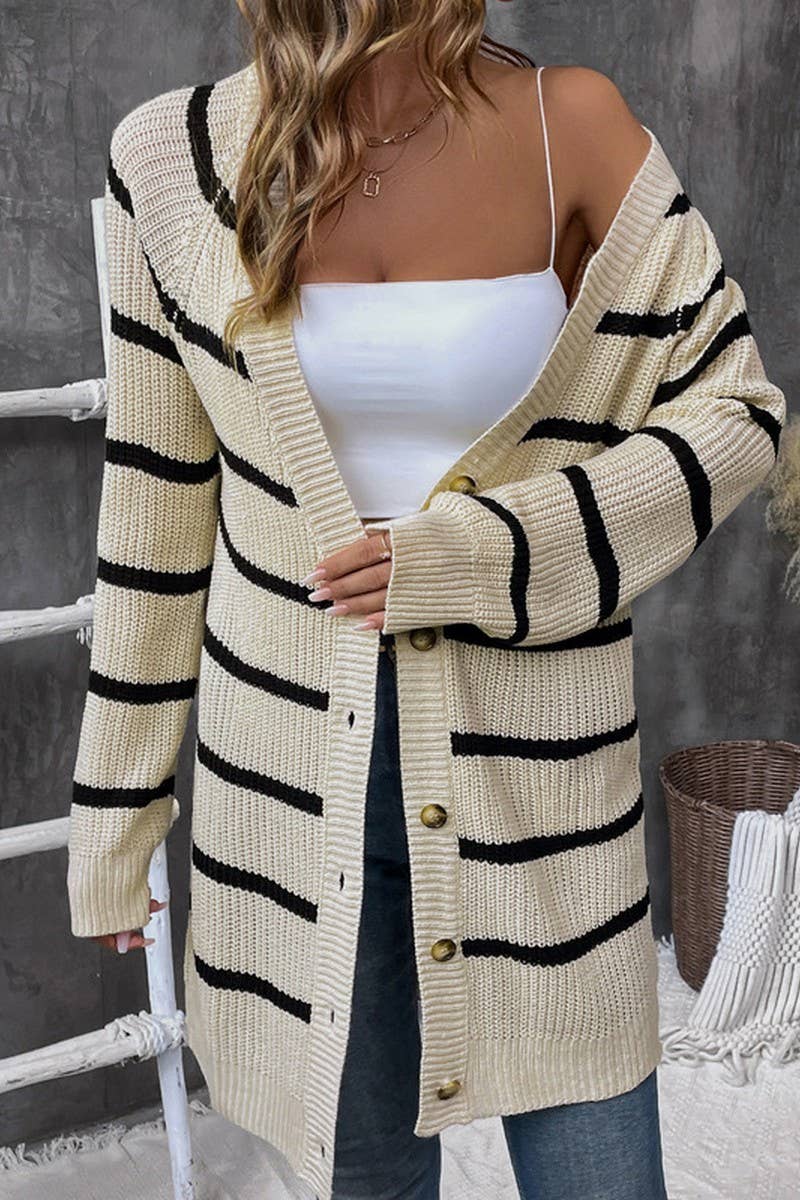 CWOCAL1137_STRIPED LOOSE MID-LENGTH KNITTED CARDIGAN SWEATER