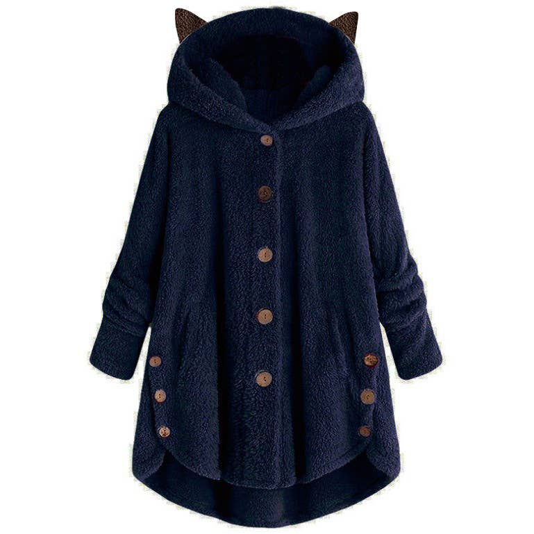 BUTTON-UP HOODED CAT EARS PLUSH SOLID COAT