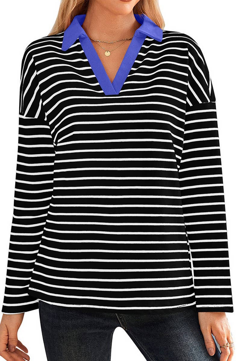CWTBLL3674_STRIPED V-NECK LOOSE LAPEL SWEATSHIRT TOP