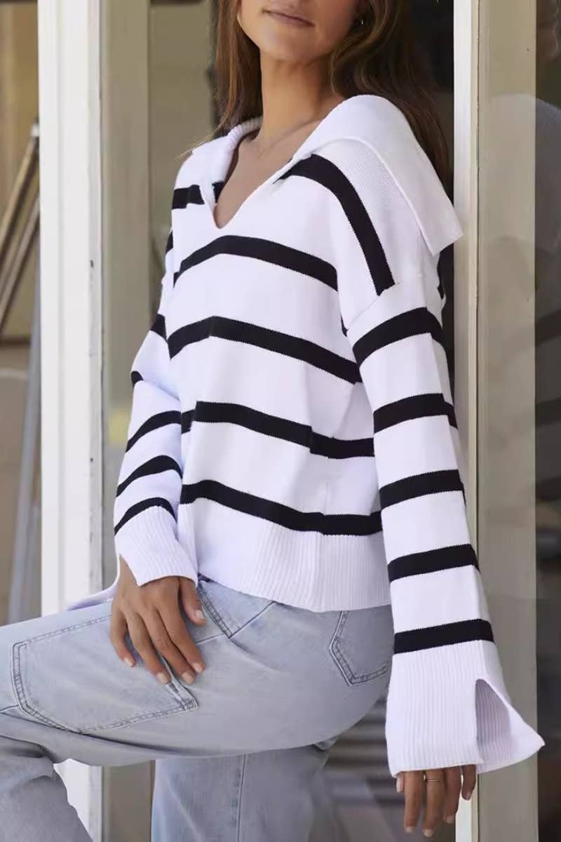 CWOSWL6686_LOOSE V-NECK STRIPED LONG-SLEEVED KNIT TOP