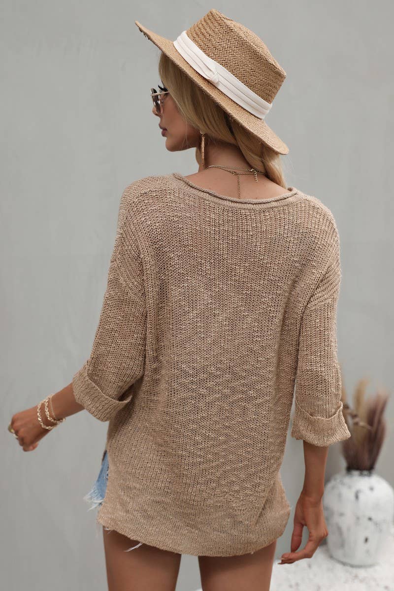 CWTTS0739_V-Neck Short Sleeve Knit Soft Pullover Sweater
