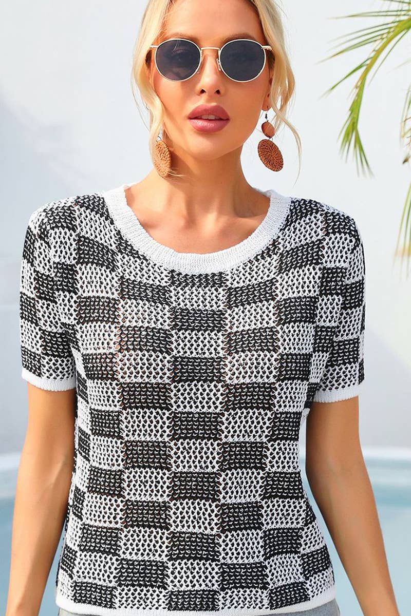 CWTBLS1750_SUMMER PLAID HOLIDAY CASUAL CREW NECK SHIRT