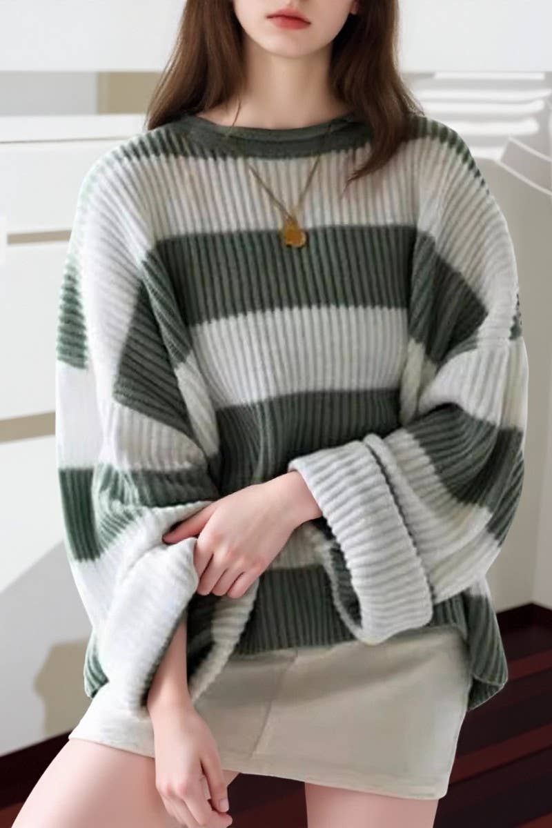 CWOSWL07625_RETRO COLORBLOCK STRIPED LOOSE KNIT SWEATER