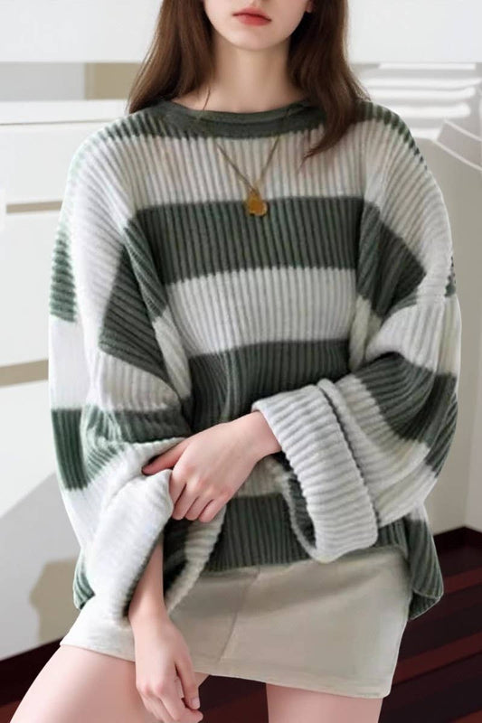 CWOSWL07625_RETRO COLORBLOCK STRIPED LOOSE KNIT SWEATER
