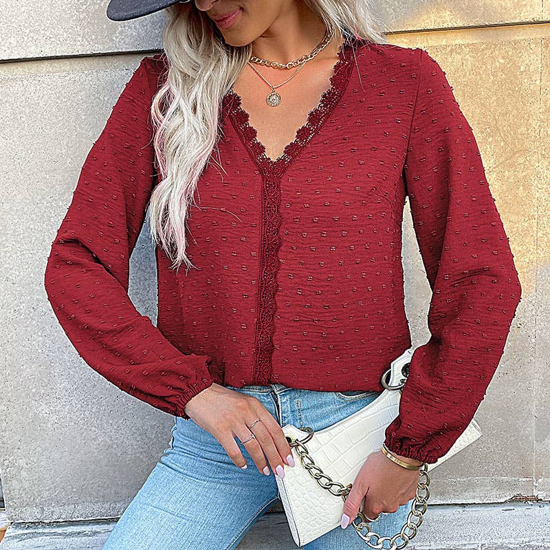 COMMUTER LONG SLEEVE LACE PATCHWORK V-NECK SHIRT