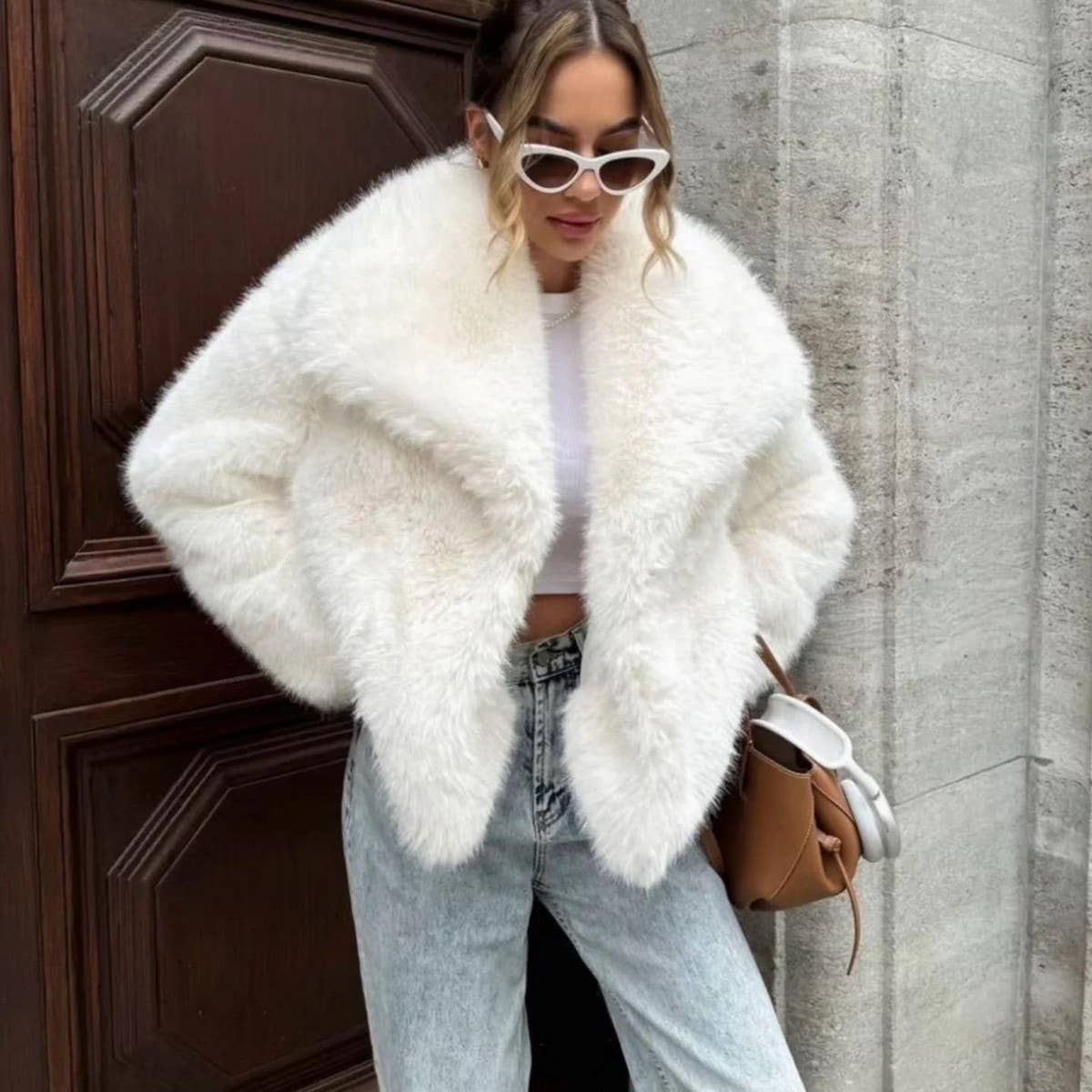 Faux Fox Fur Short Coat with Large Lapel