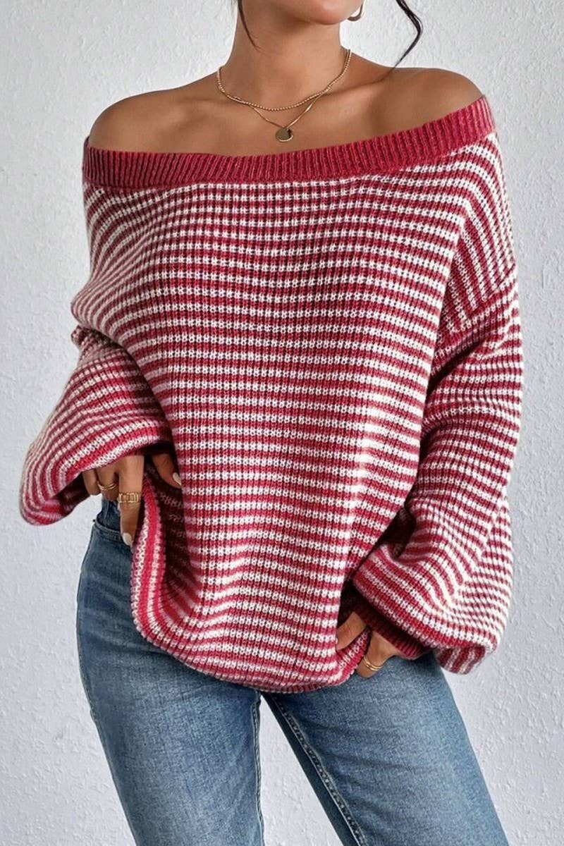 CWOSWL07623_OFF SHOULDER STRIPED KNIT PULLOVER SWEATER
