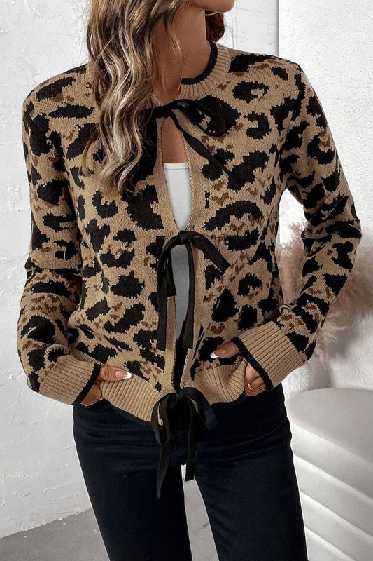 CWOCAL1557_LEOPARD PRINT BOW TIE KNITTED SWEATER CARDIGAN