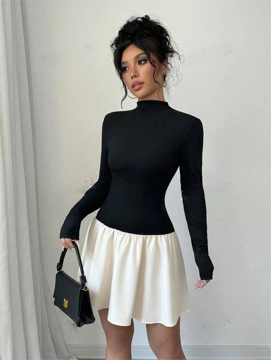 COLOR MATCHING RUFFLED HEM STANDING COLLAR SKIRT