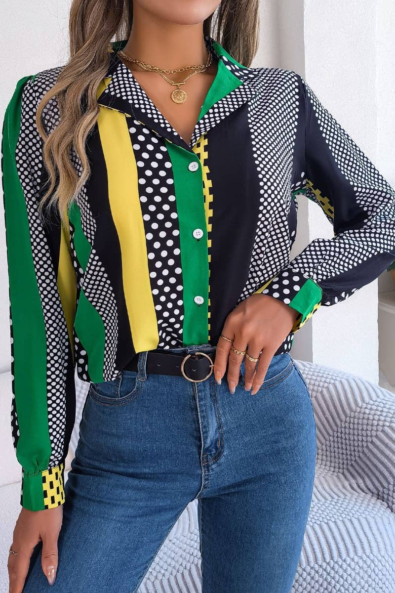 CWTSTL2129_AUTUMN POLKA DOT STRIPED LONG-SLEEVED SHIRT TOP